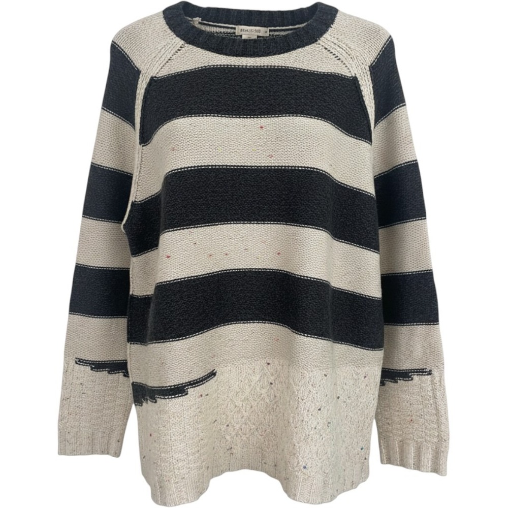 NIC+ZOE Striped Confetti Knit Crewneck Sweater XL Black Cream Chunky Fisherman